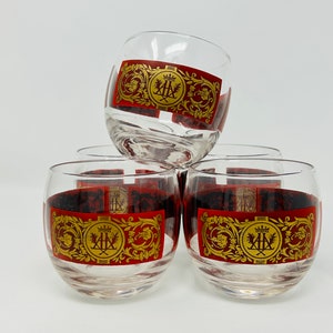 Set of 5 Vintage Roly Poly Cocktail Glasses - Whiskey Glass - Red and Gold Drinkware - Mixed Drink Glass