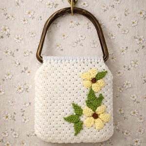 Vintage Crochet Purse with Yellow Flowers & Tortoiseshell Handles