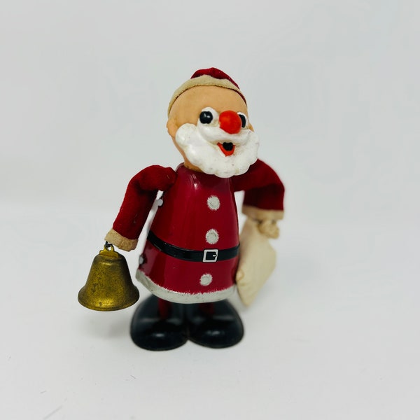 Vintage Tin Wind-Up Santa with Bell and Bag - Mechanical Santa Toy - Santa Collectible Gift - Christmas Decor