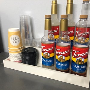 Coffee Bar Wine Bar Organizer Torani syrup rack espresso Starbucks, K-cup storage, kitchen decor, Farmhouse kitchen, coffee bar storage
