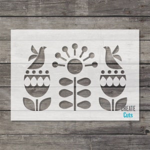 Scandi style Flower Tulip Birds STENCIL / Folk motifs Scandinavian decor pattern walls furniture