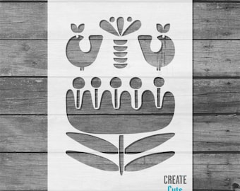 Tulip and Birds Stencil: Large Folk Scandi Style Decor