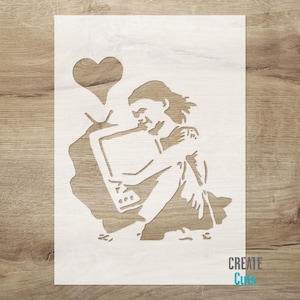 Banksy Girl Hugging TV Stencil: Reusable Wall Art Decor