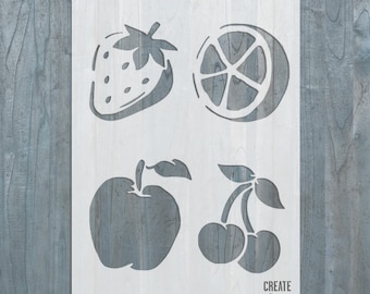 Fruit Stencil: Strawberry, Orange, Apple, Cherry - Reusable Decor Template