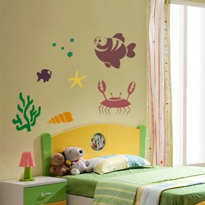 Sea Life STENCIL Kids Room Wall Art Decor Children Craft Template Fish Crab Coral Seastar image 3