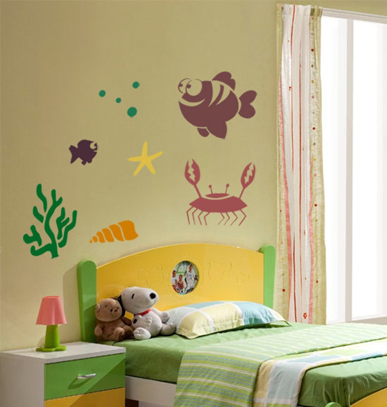 Sea Life STENCIL Kids Room Wall Art Decor Children Craft Template Fish Crab Coral Seastar image 3