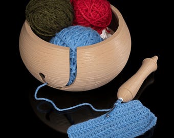 Set di ciotole per filati e astucci per uncinetti con texture in legno – Organizzatore Boho Fiber Arts per lavoro a maglia e uncinetto