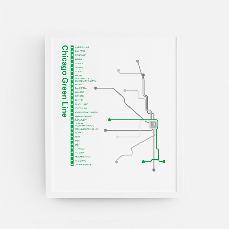 Chicago Green Line Cta Transit Map Thiscitymaps Etsy Finland