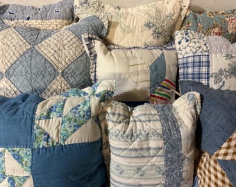 Quilt Pillows Blue Small Understuffed Raw Edge Vintage Assorted Sizes Square or Rectangle
