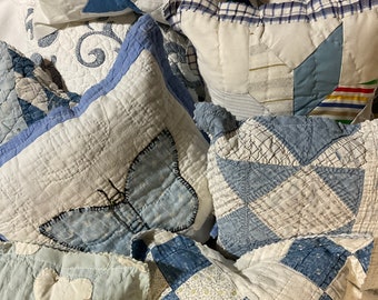 Pillow Quilts Blue Understuffed Raw Edge Vintage Fabric 8 to 10 Inches Square or Rectangle