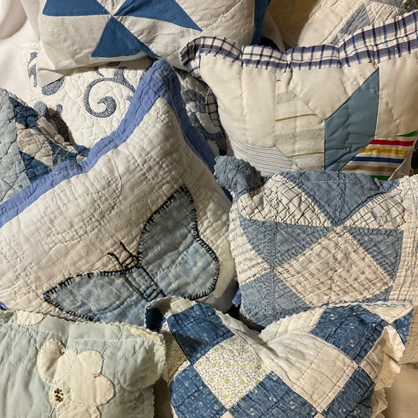 Pillow Quilts Blue Understuffed Raw Edge Vintage Fabric 8 to 10 Inches Square or Rectangle