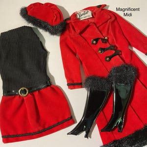May include: A doll clothing set labeled Magnificent Midi including a red velvet coat with black faux fur trim, a black sleeveless ribbed top, a red skirt with a black belt, a red beret with black faux fur trim, and a pair of black patent boots.