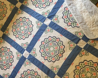 Quilt Pink Blue and White Floral Rose Cross Stitch Quilt 72x90