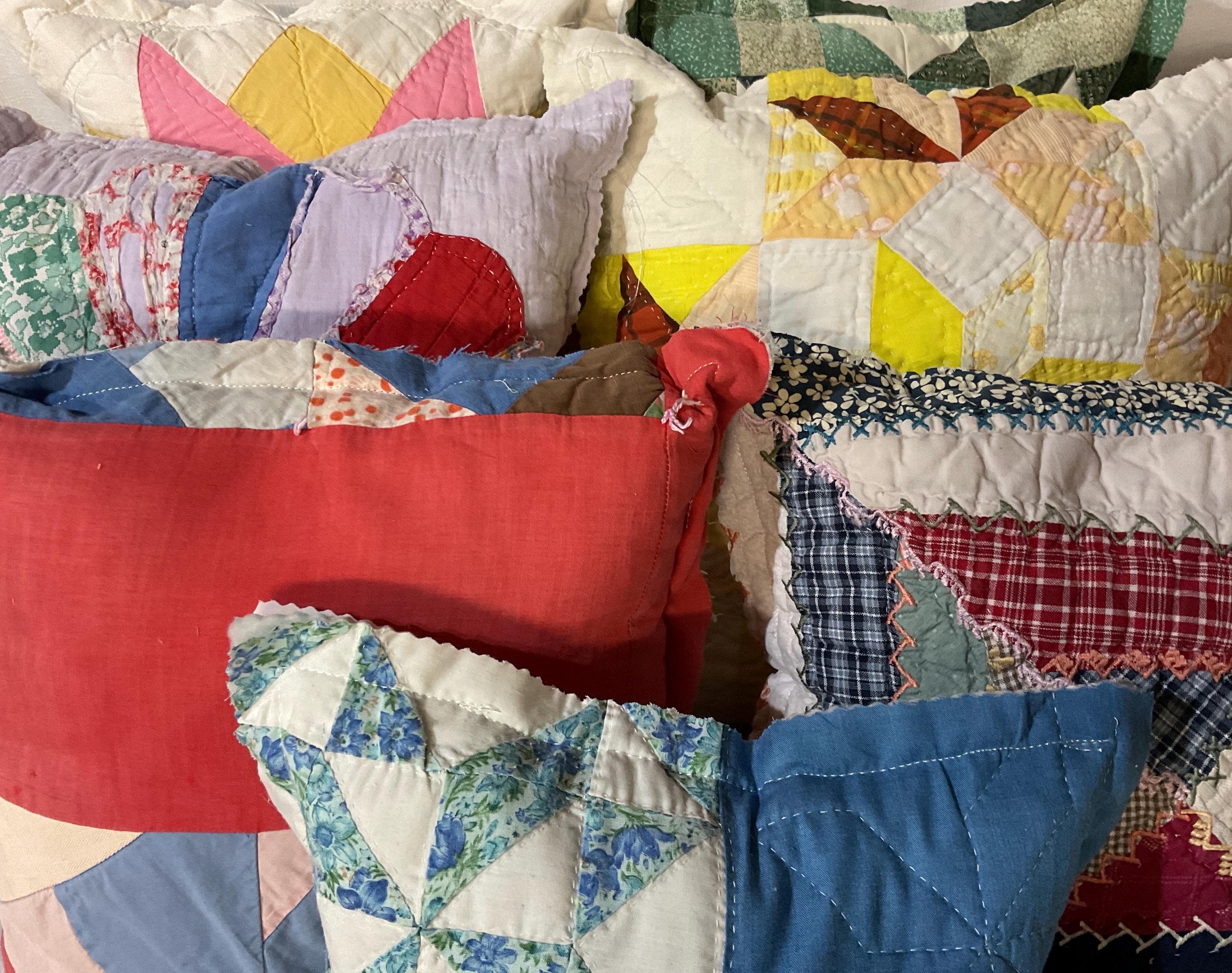 Quilt Pillows Large Upcycled Vintage Patchwork Accent Pillow 13 To 15 Inches Red Blue Yellow Green