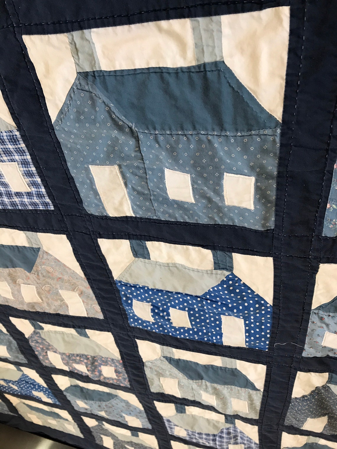 Quilt Blue and White Log Cabin Pattern Lands End Quilt 76 x 61 Etsy