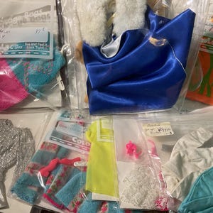 May include: A collection of doll clothing items packaged in individual clear plastic bags. The set includes a blue satin cape with a white faux fur collar, a silver glittery long-sleeve top, a pink and blue knit piece, and various other garments.