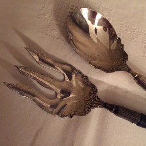 Silverplate Serving Fork and Spoon with Black Handles