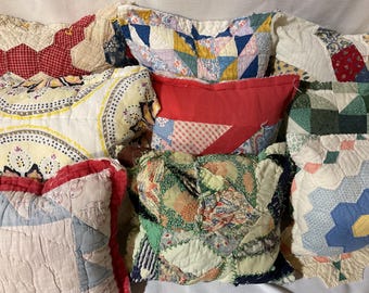 Pillow Quilt Throw PIllow Quilt Vivid Colors 8 to 13 inches Vintage Upcycled Save the Stitches Housewarming Baby Birthday