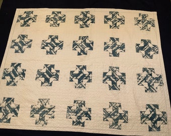 Quilt Blue and White Quilt 77x65 Red Cross Pattern Salvaged 1920s