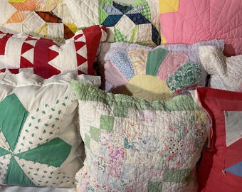 Quilt Pillows Pieces Square Large Pillow 14 to 15 Inches Square Rectangle Blue Red Purple Lavendar Pink Yellow Fall