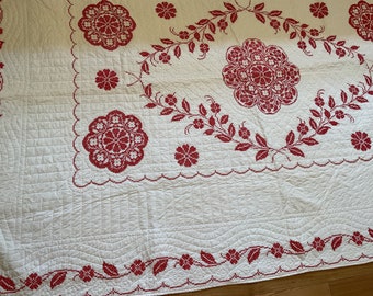 Quilt Red and White Pair of Cross Stitch Dogwood Quilts 63x85