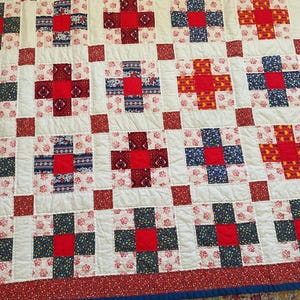 Quilt Red and Blue Vintage Nine Patch Quilt 71 x 88 No Tears or Stains