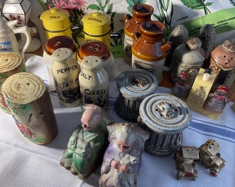 Salt and Pepper Shakers Collectible Souvenir W Va Pa Fla Bee Keeper Grandma and more Antique Vintage
