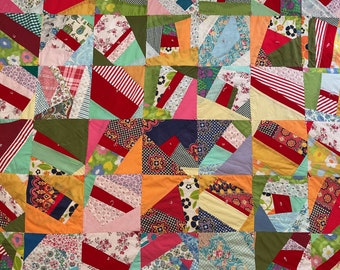 Quilt Red Multicolored Tied Crazy Quilt Heavy 74x80