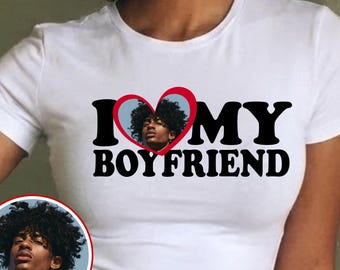 I Heart My Boyfriend Fitted Cropped Shirt, I Love My Boyfriend, Teen Shirt, Back 2 School, Senior Shirt, Y2K Shirt, Baby T-Shirt