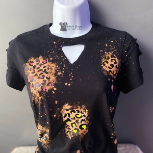 Bleach Distressed Shirt For Women, Rainbow Leopard Print Shirt, Festival Shirt, Hippie Shirt, Ripped Shirt, V-Cut Neck,  Mother&#39;s Day Gifts