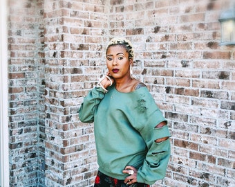 Ladies Distressed Sweatshirt, Military Green Sweatshirt, Multiple Colors Available, Off The Shoulder Raw Edge Collar, Ripped Sweatshirt