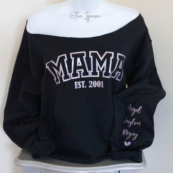 Off The Shoulder Mama Sweatshirt With, Mama Sweater, Shimmer Text, Mother's Day Gifts, Mama Sweatshirt, Choose Your Title and Names