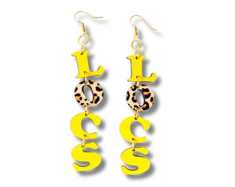 Locs Earrings, Yellow and Leopard Loc Earrings, Wood Earrings, Loc Jewelry, Dreadlock Earrings, Laser Cut and Hand painted