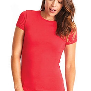 May include: A red short-sleeved t-shirt with a crew neck.