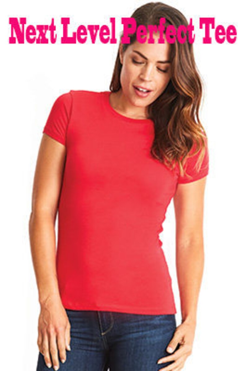 May include: A red short-sleeved t-shirt with a crew neck.