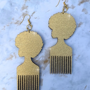 Afro Pick Earrings, Glitter Gold, Wood Earrings, Melanin Earrings, Loc Earrings, Dangle Earrings, Laser Cut and Hand painted, 2 Sizes
