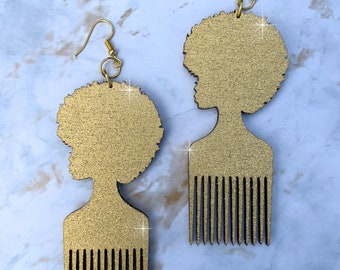 Afro Pick Earrings, Glitter Gold, Wood Earrings, Melanin Earrings, Loc Earrings, Dangle Earrings, Laser Cut and Hand painted, 2 Sizes