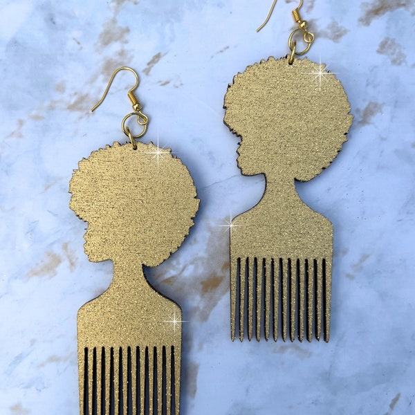 Afro Pick Earrings, Glitter Gold, Wood Earrings, Melanin Earrings, Loc Earrings, Dangle Earrings, Laser Cut and Hand painted, 2 Sizes