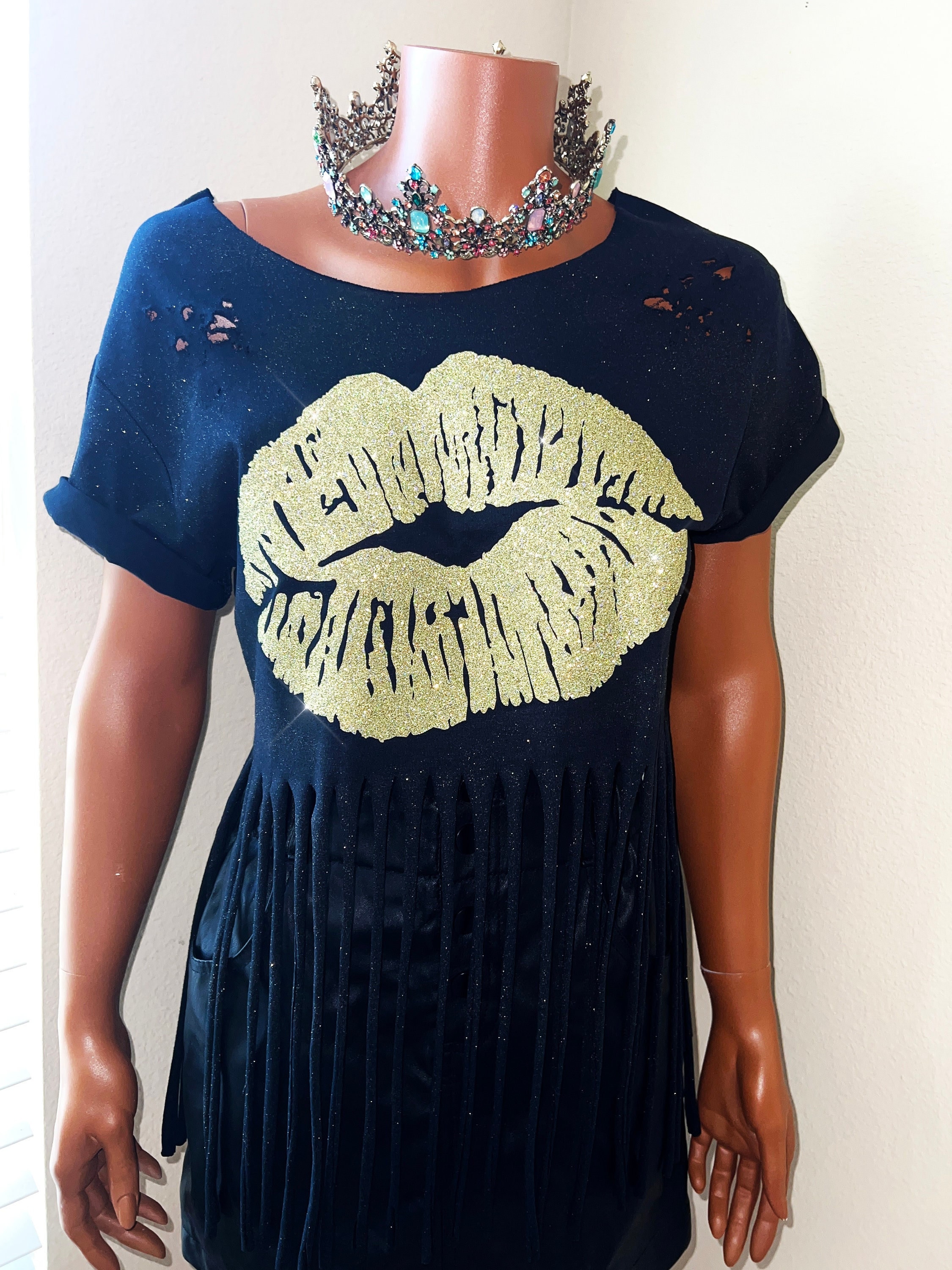 Distressed Fringed Gold Glitter Lips Shirt Glitter Sparkle Shirt