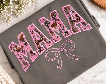 Pink Camo MAMA T-Shirt, Embroidered Mama Appliqué Shirt, Pink Camo Mom Tee, Coquette Bow Mama Shirt, Camo Mama Tee, Gift for Mom