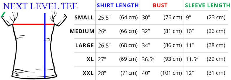 May include: A size chart for a t-shirt with measurements in inches and centimeters. The chart shows the shirt length, bust, and sleeve length for sizes small, medium, large, XL, and XXL.