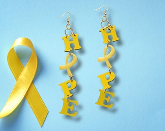 Hope Earrings, Childhood Cancer Earrings, Yellow Ribbon Earrings, Cancer Survivor Gift, Wood Earrings, Laser Cut and Hand painted