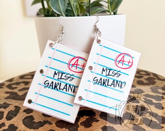 Custom Teacher Earrings – Personalized Notebook Paper Earrings with Name | Teacher Appreciation Gift