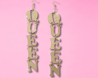 Glitter Gold Queen Earrings, Queen Earrings, Wood Earrings, Queen Jewelry, Laser Cut and Hand painted