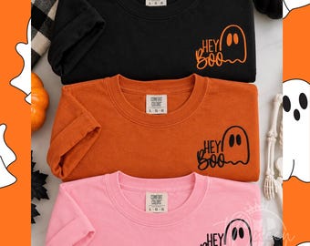 Hey Boo Embroidered Shirt, Halloween Comfort Colors Shirt, Ghost Pocket Tee, Cute Halloween Shirt, Spooky Season Embroidery Tee