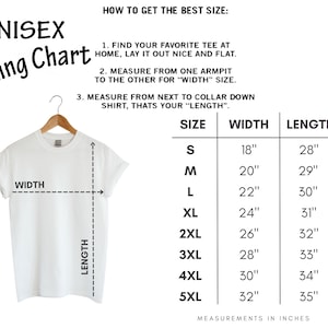 May include: Unisex sizing chart for a t-shirt with measurements in inches for width and length.  Sizes include S, M, L, XL, 2XL, 3XL, 4XL, and 5XL.