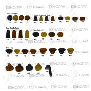Puede incluir: Una ilustraci&oacute;n digital de 70 peinados diferentes para mujeres negras. Los peinados est&aacute;n organizados en cuatro categor&iacute;as: Braid/Twist Bob, Braids/Twists with Bun, Locs y Long Braids/Twists. Cada peinado est&aacute; numerado.
