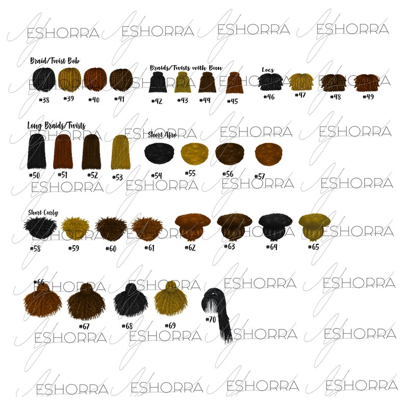 Puede incluir: Una ilustraci&oacute;n digital de 70 peinados diferentes para mujeres negras. Los peinados est&aacute;n organizados en cuatro categor&iacute;as: Braid/Twist Bob, Braids/Twists with Bun, Locs y Long Braids/Twists. Cada peinado est&aacute; numerado.