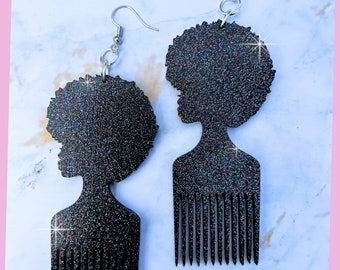 Afro Pick Earrings, Glitter Black, Wood Earrings, Melanin Earrings, Loc Earrings, Dangle Earrings, Laser Cut and Hand painted, 2 Sizes