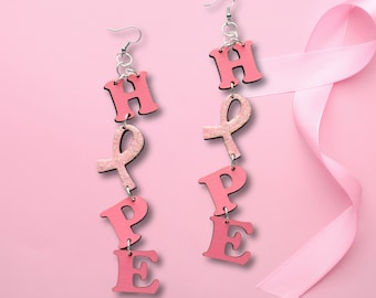 Hope Earrings, Breast Cancer Earrings, Pink Ribbon Earrings, Cancer Survivor Gift, Wood Earrings, Laser Cut and Hand painted